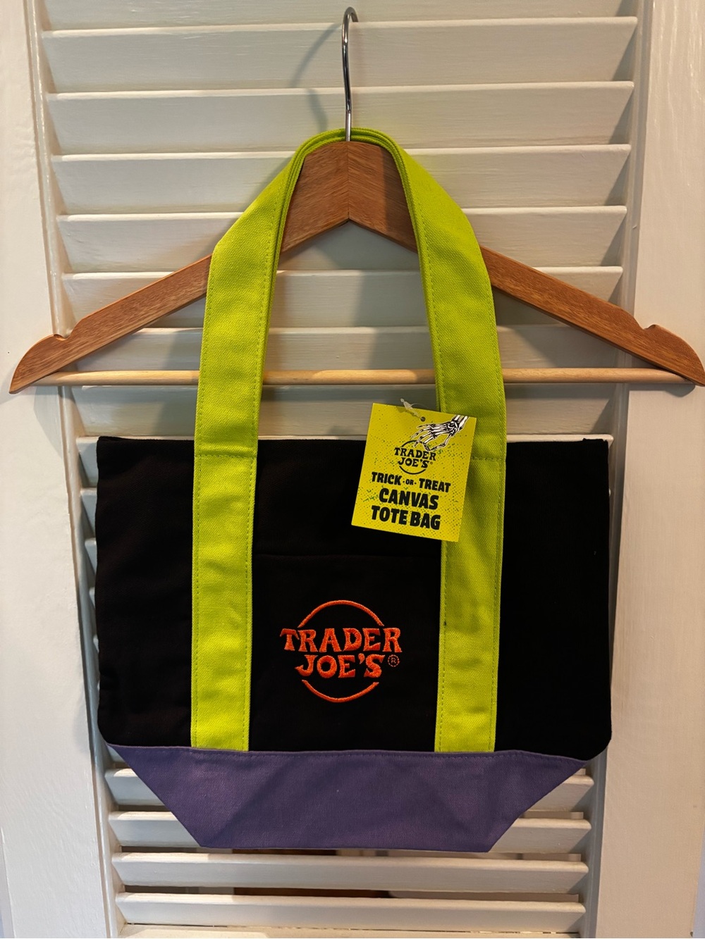 Trader Joe’s Halloween Black Canvas Mini Tote Bag lime and purple accents